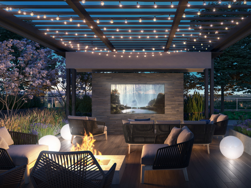 Property management fees can come with great benefits for homeowners such as this cozy outdoor theatre at Lumina Brentwood