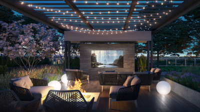 Property management fees can come with great benefits for homeowners such as this cozy outdoor theatre at Lumina Brentwood
